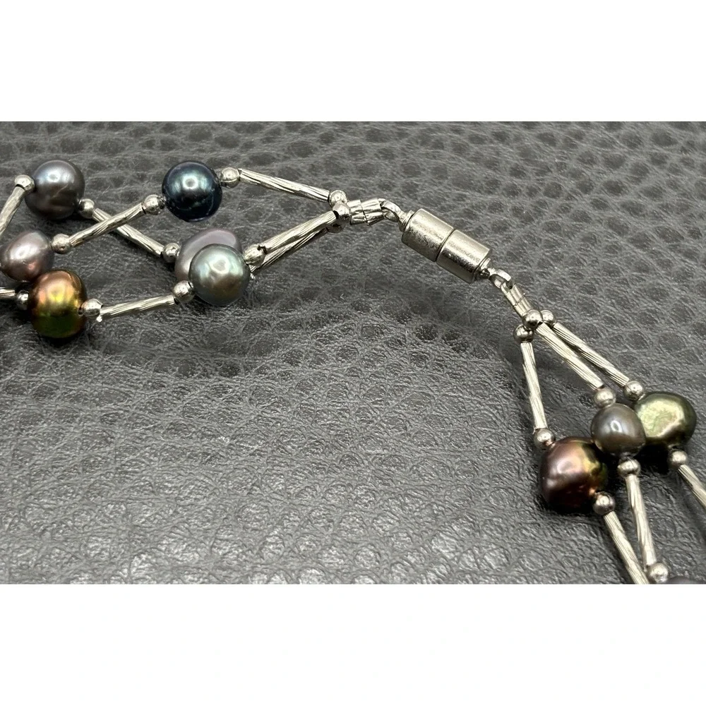 Iridescent Multi-Strand Pearl Bead Necklace 7mm Freshwater Silver Tone 17